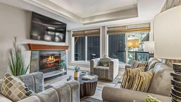 Télévision, cheminée, espaces bureaux