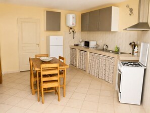 Coffee/tea maker, fridge, microwave, oven