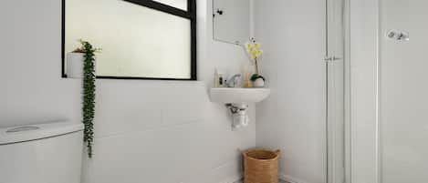 A bathroom with a toilet, sink, and shower.