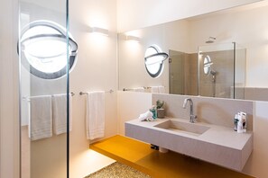 Douche, séchoir à cheveux, serviettes fournies, savon