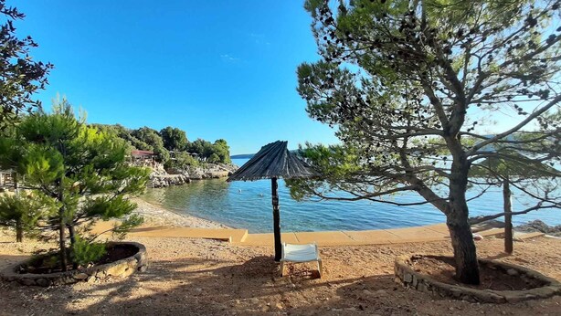 A beach with a small umbrella, a bench, and a tree.