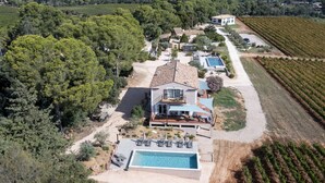 Une grande maison avec une piscine, entourée de vignes et d’arbres.