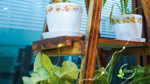A wooden plant stand with three potted plants against a window with horizontal blinds. - Lime Tree Hotel Near 32nd Milestone (Gurugram)