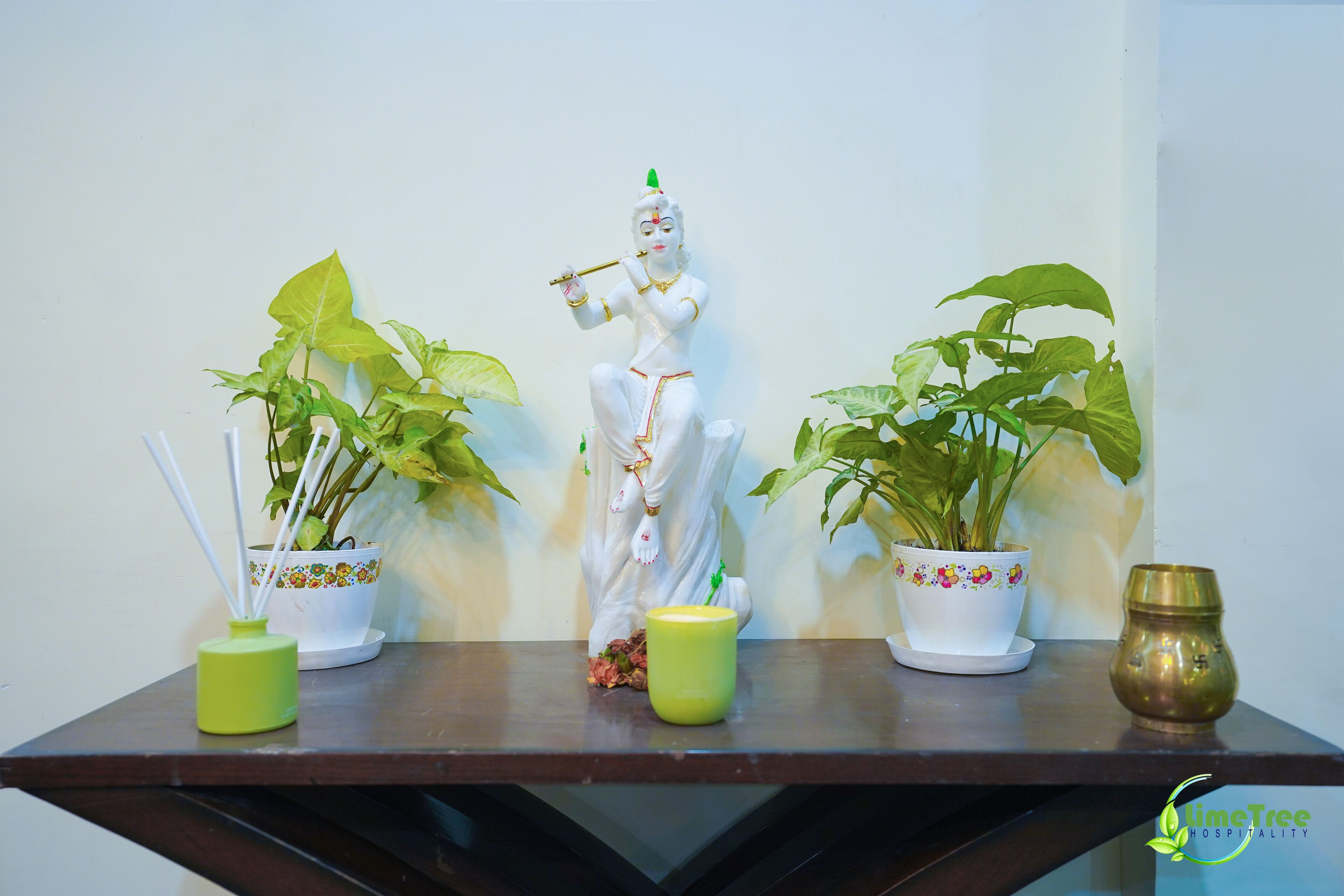A statue of a deity, two potted plants, and a brass container on a wooden table against a plain wall.