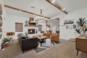 Smart TV, fireplace, books