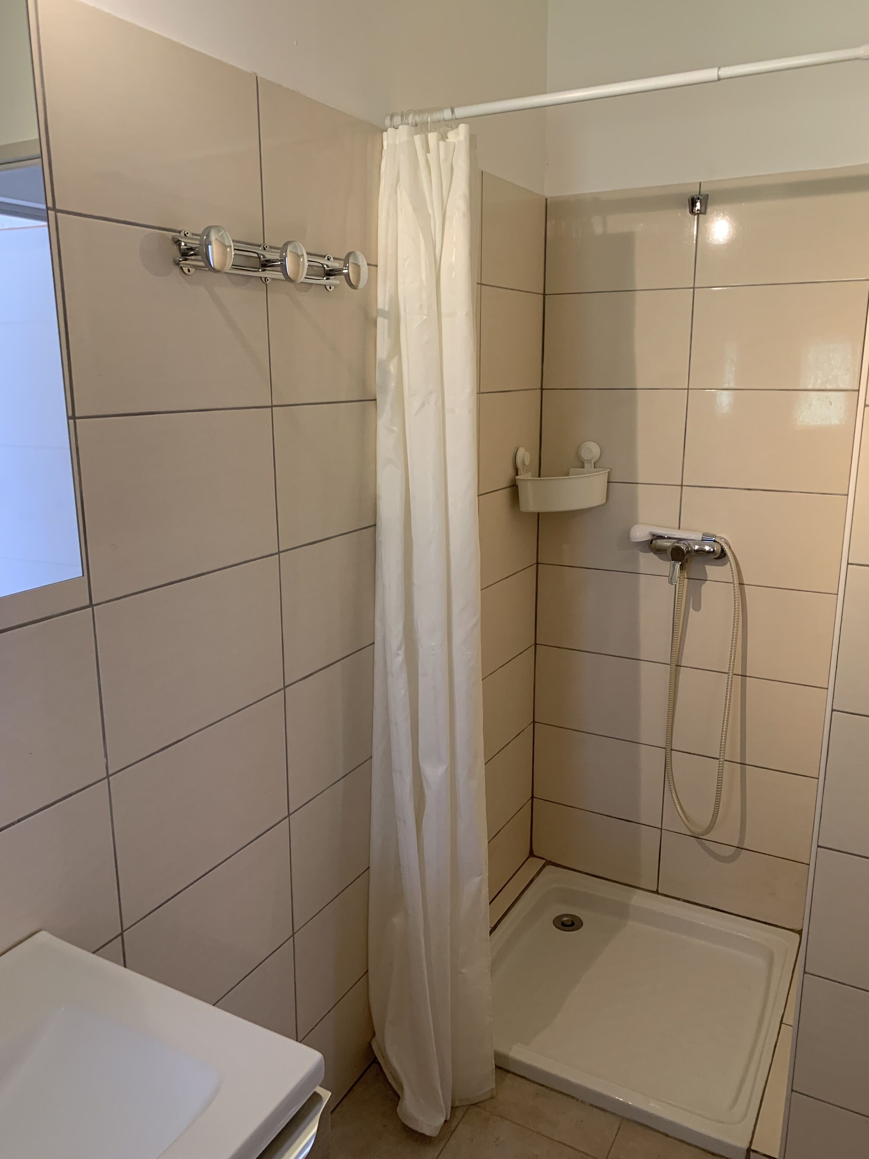 A shower area with a white curtain, a handheld showerhead, and a small shelf with toiletries.