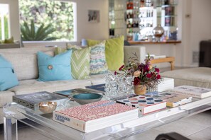 Flat-screen TV, fireplace, books, offices