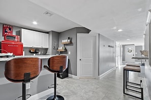 Fridge, microwave, coffee/tea maker, electric kettle