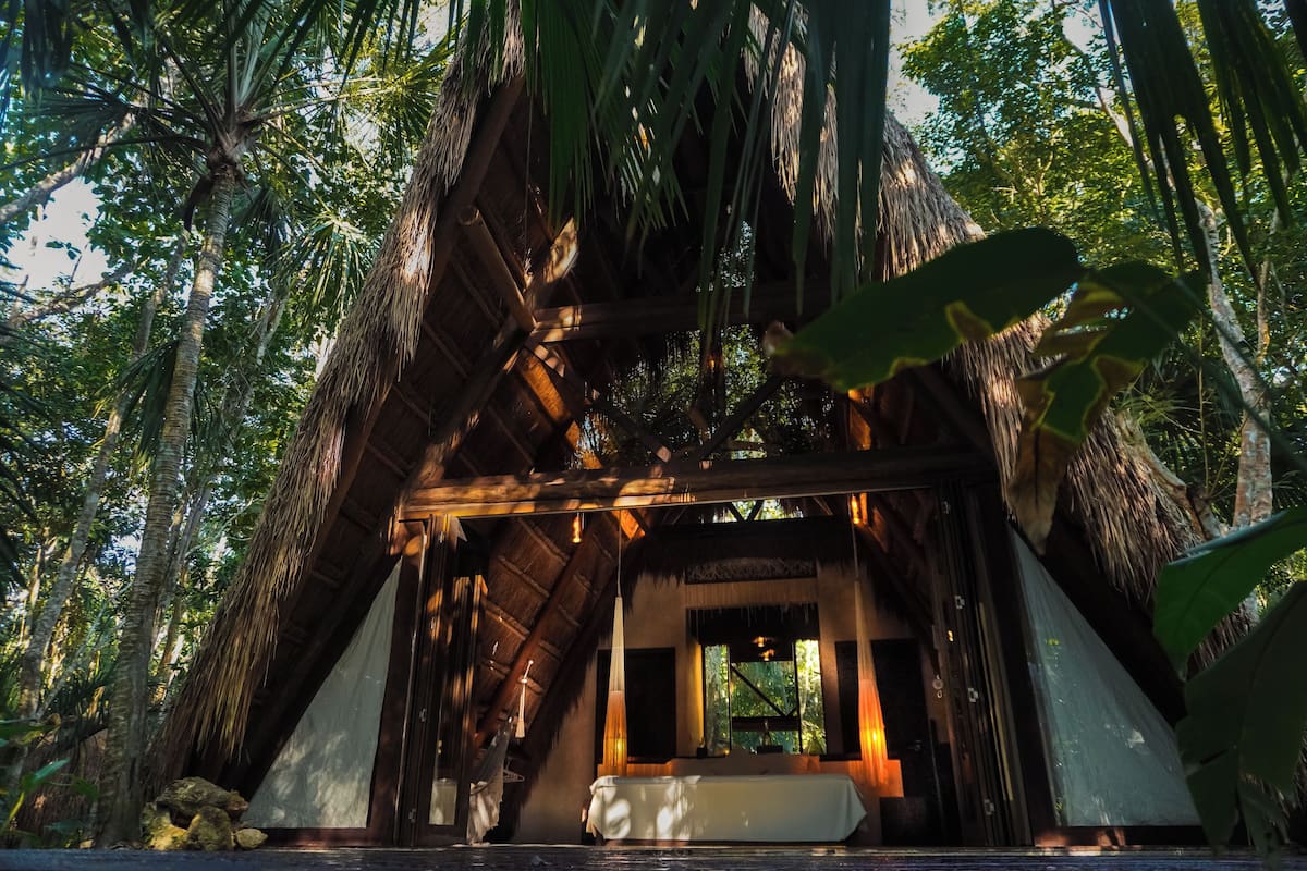 Une construction au toit de chaume, dotée d’un lit et d’une fenêtre, entourée d’une végétation tropicale luxuriante.