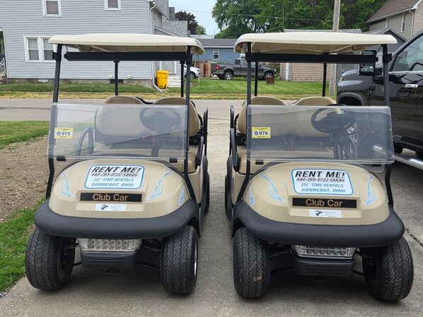 Dos carritos de golf con la leyenda '¡ALQUÍLAME!' e información de contacto para TIS Time Rentals en Conn.