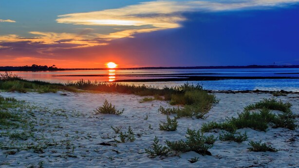 Ein Strand mit Sand und vereinzelter Vegetation, ein Sonnenuntergang im Hintergrund und ruhiges Wasser.