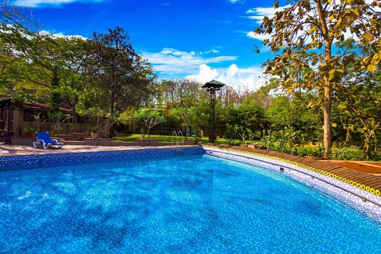 A swimming pool with a tiled edge, surrounded by greenery and a clear sky.