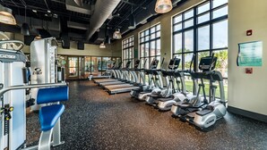 A gym with treadmills, weight machines, and large windows.