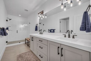 Hair dryer, towels, soap, shampoo