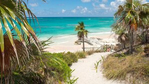 A beach path leading to a sandy beach with clear turquoise water, surrounded by palm trees and vegetation. - Dream House 3 Bedroom Home (North Palmetto Point)