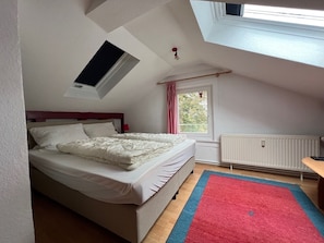 Un dormitorio con cama, tragaluz, ventana con cortinas, radiador y un tapete rojo y azul.