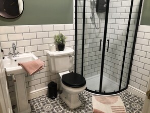 Chuveiro, secador de cabelo, toalhas de banho, papel higiênico
