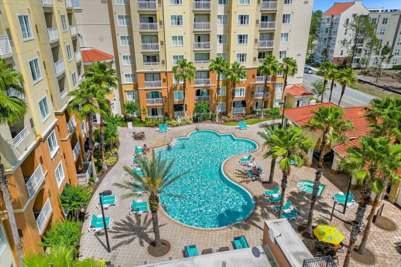 A rooftop pool surrounded by palm trees and lounge chairs, with a view of adjacent buildings.