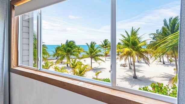 Uitzicht vanuit een raam op een strand met palmbomen en een heldere lucht.