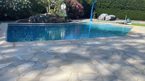 Ein Schwimmbecken mit einer Steindeck, umgeben von Steinen und Pflanzen.