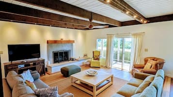 Smart TV, lareira, livros