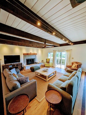 Smart TV, fireplace, books