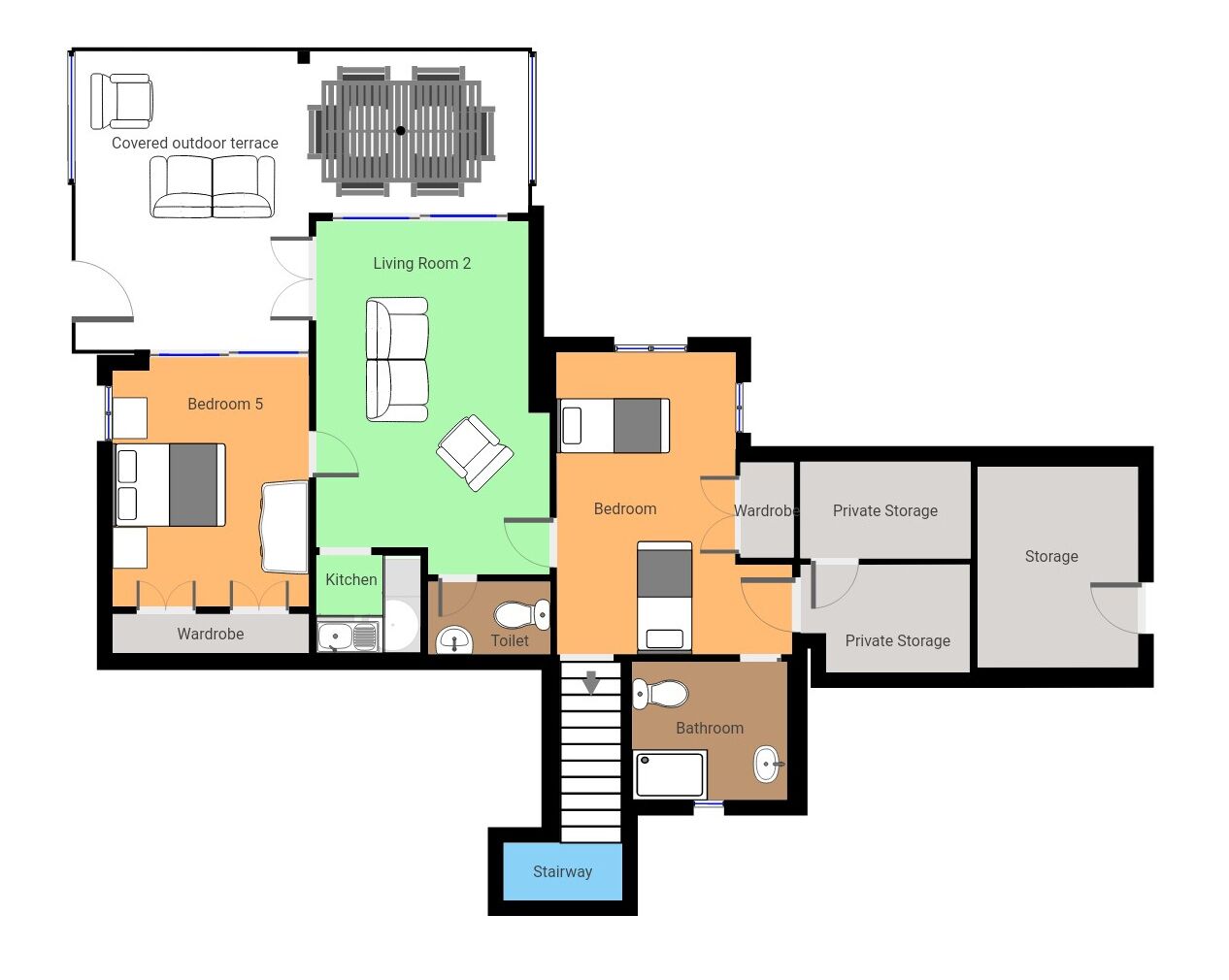 Ein Grundriss mit überdachter Terrasse, Wohnzimmer, Küche, Schlafzimmer, Bad, Treppe und Stauraum.
