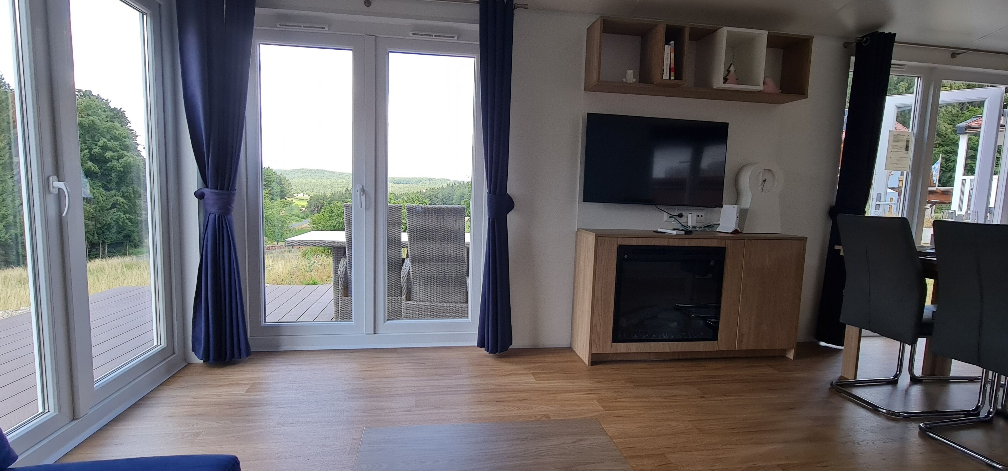 Smart TV, fireplace, books, stereo