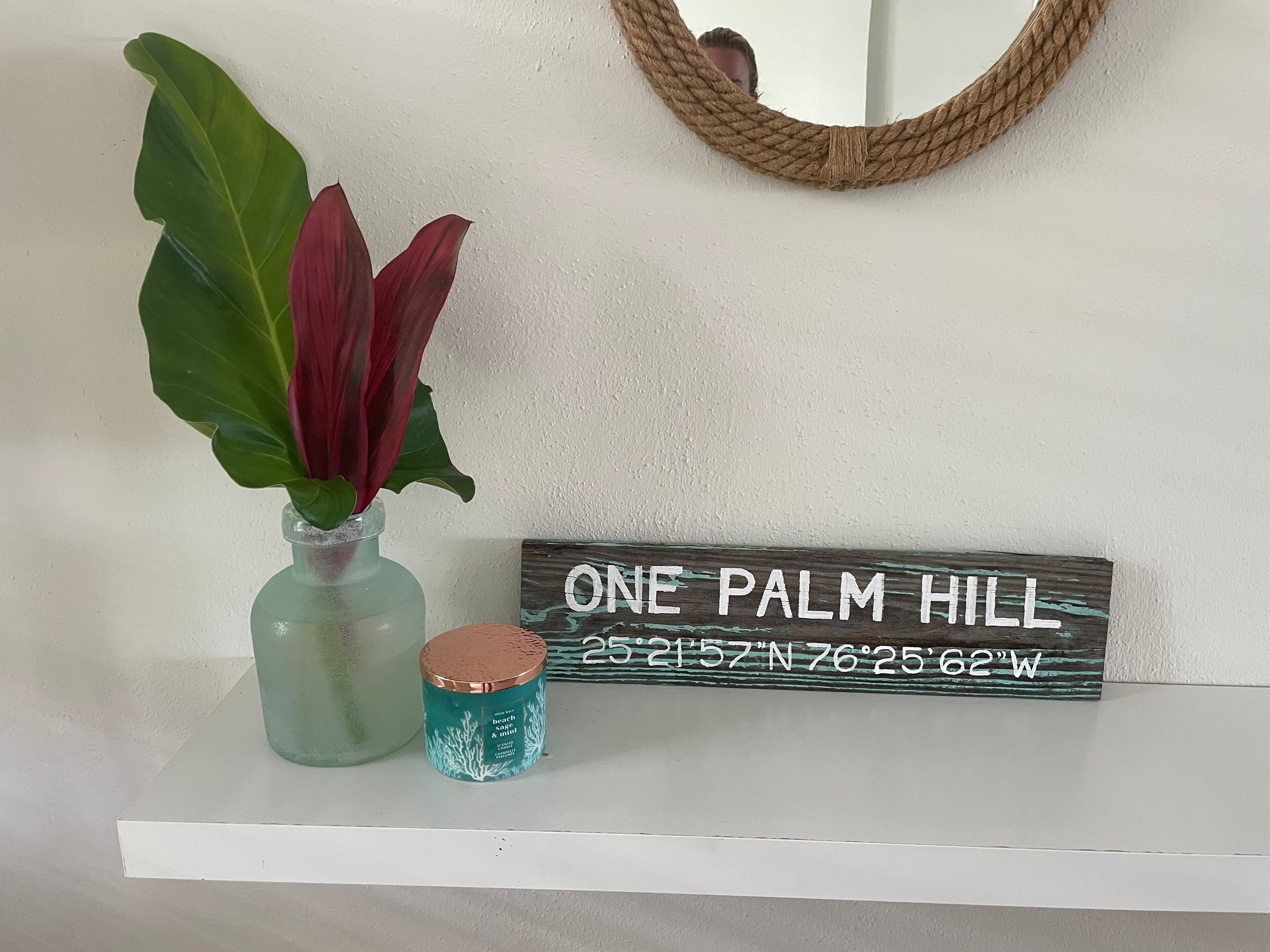 Een witte plank met een potplant, een kaars en een bordje met de tekst 'ONE PALM HILL' en coördinaten.