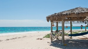 A beach hut with a thatched roof, a hammock, and a view of the ocean. - Endless Summer 5 Bedroom Home (Double Bay)