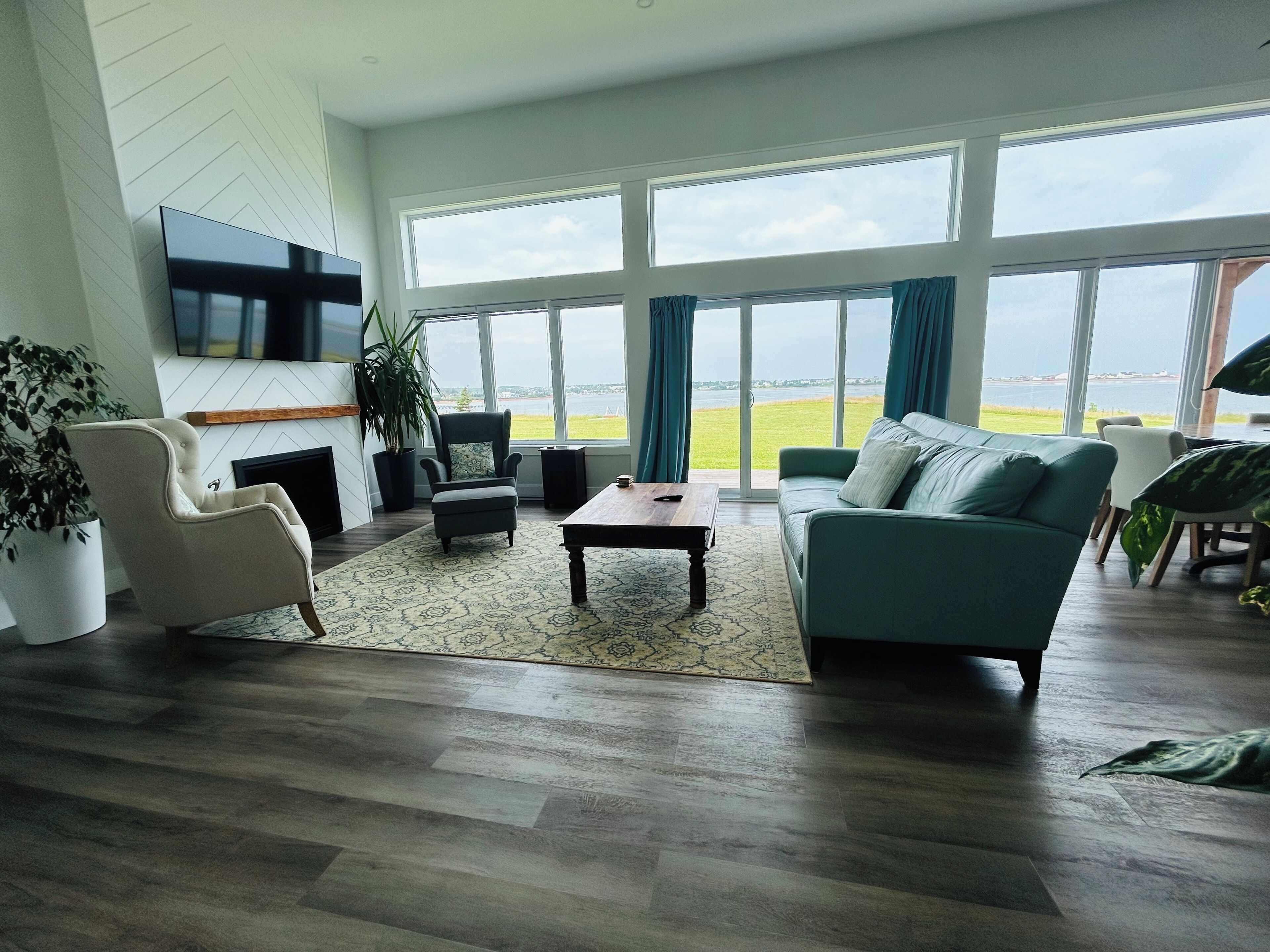 Smart TV, fireplace, books