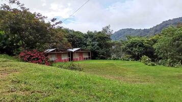 Situated in a lush landscape, this two-story building offers views from the upper floor.