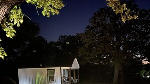 A small house with a pond, surrounded by trees and a stone pathway. - Cozy Hill Cabin 2 (Weatherford)