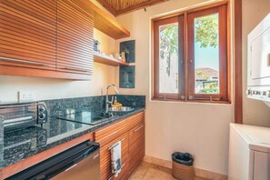 Fridge, coffee/tea maker, toaster, cookware/dishes/utensils