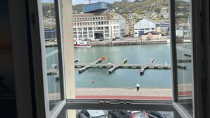 A view from a window overlooking a marina with boats, a dock, and buildings in the background.