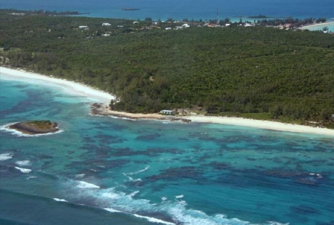 An aerial view of a coastal area with a beach, forested land, and clear blue waters.