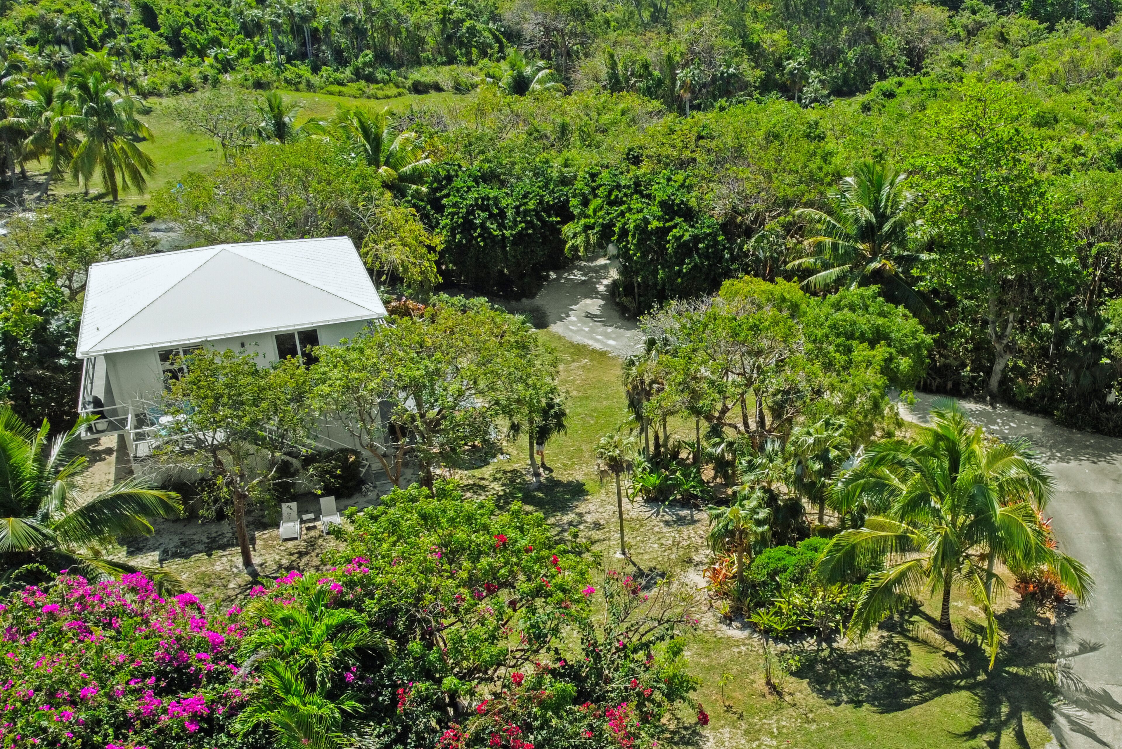 Un edificio blanco con techo triangular rodeado de abundante vegetación y un pequeño arroyo.