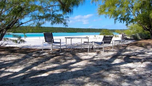 Ein Strand mit zwei Metallstühlen und einem Tisch unter Kiefern, mit Blick auf ein klares, blaues Meer.