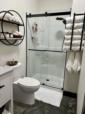 Dusche, Haartrockner, Handtücher, Seife