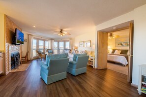 Smart TV, fireplace, DVD player, books