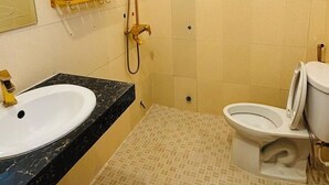 Une salle de bain avec un lavabo, des toilettes et une douche.