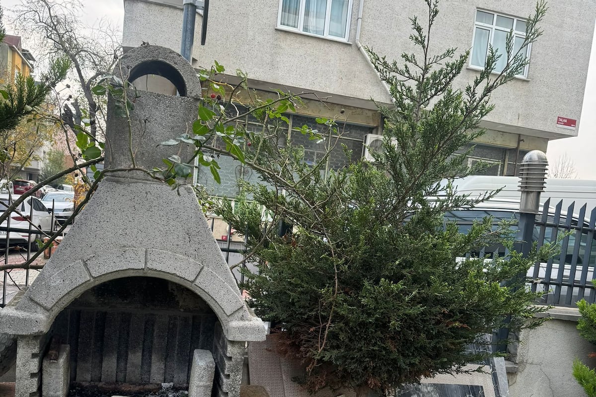 A stone-built outdoor oven with a chimney, surrounded by greenery and a building in the background.