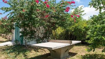 Eine Betonbank in einem Garten mit blühenden Pflanzen und einem grünen Gartenschlauch.