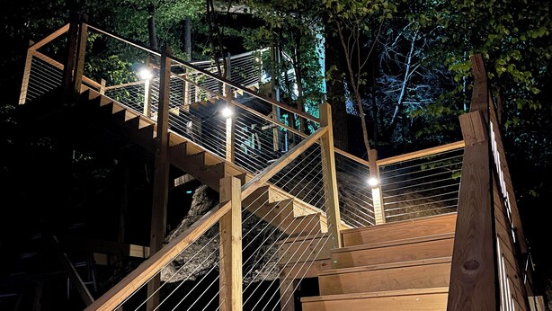 Un escalier en bois avec des rampes en métal, entouré d’arbres.