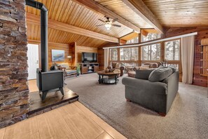 Smart TV, fireplace, books