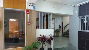 Un pasillo con paneles de madera, plantas en macetas y una escalera que sube a otro piso.