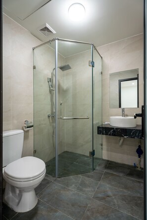 Shower, free toiletries, hair dryer, bidet