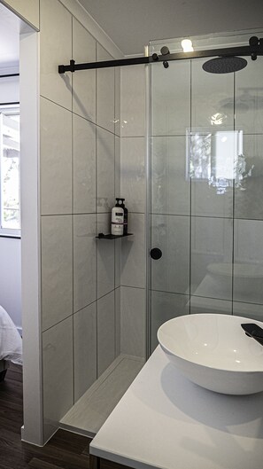 Hair dryer, towels, soap, shampoo