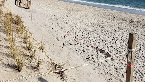 Una playa arenosa con una escalera de madera que desciende hacia la orilla, una barrera de cuerda y un cielo despejado.