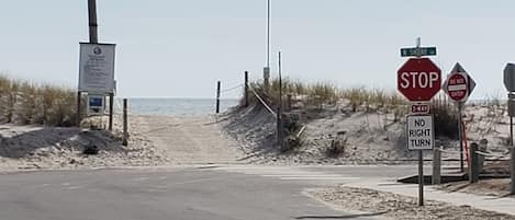 A beach road with a stop sign, a 'No Right Turn' sign, and a 'Do Not Enter' sign.